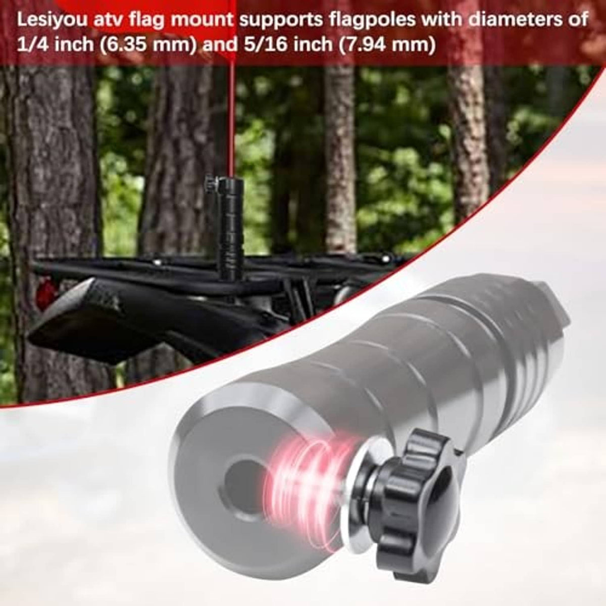 Gray flag mount pole holder with threaded knob and locking ring, close-up.