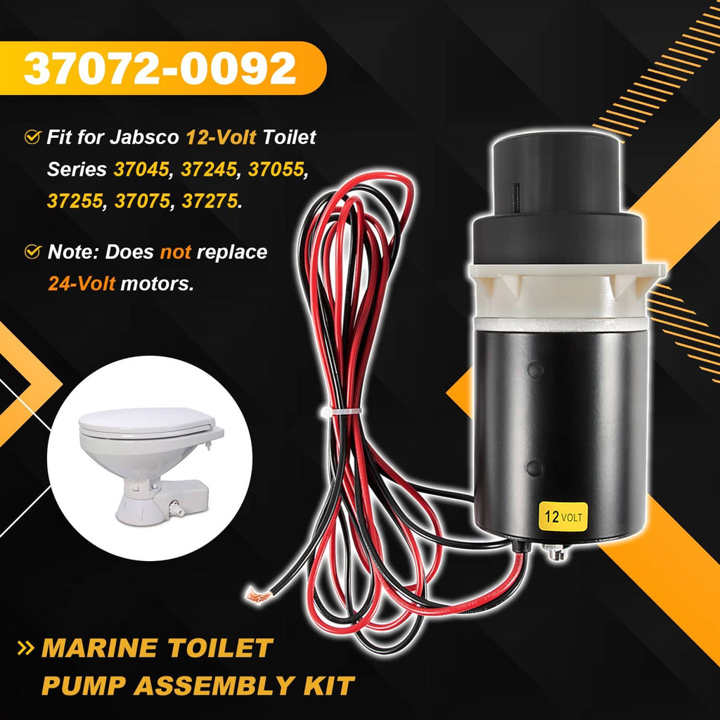 12V marine toilet pump assembly kit featuring cylindrical pump motor with red/white wiring
