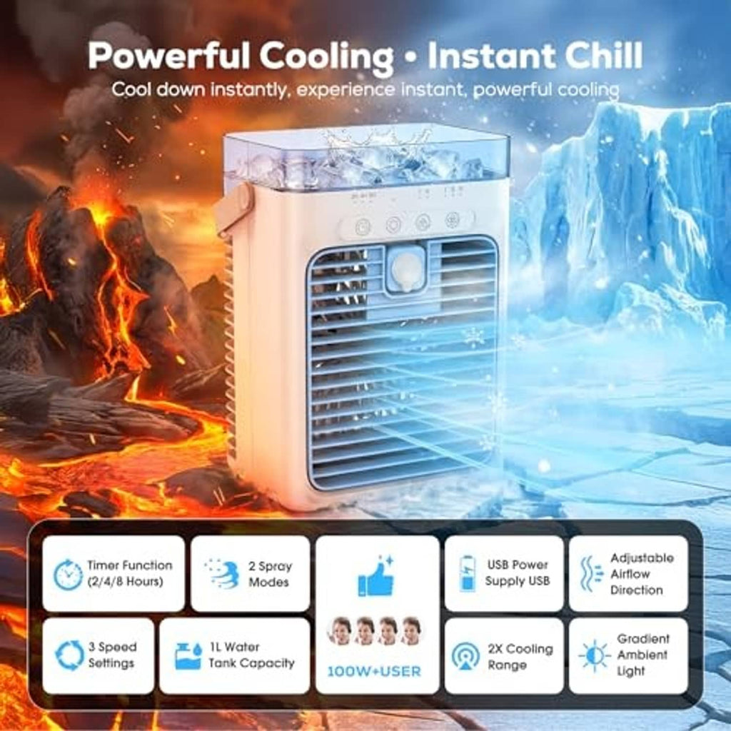 White portable evaporative air cooler with blue grille and water-cooling window.