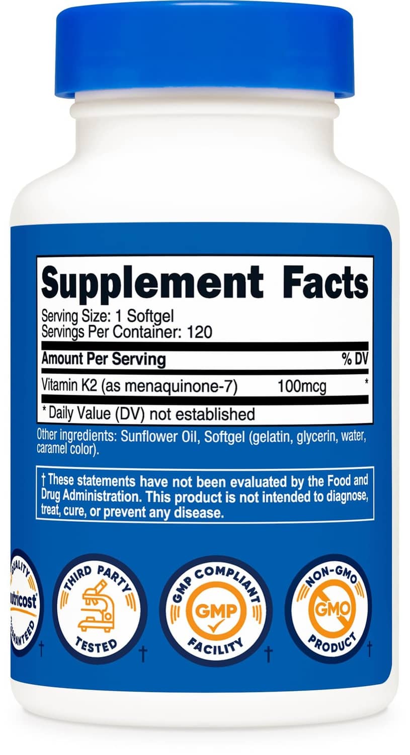 Supplement Facts label with Vitamin K2 100 mcg per serving and 120 softgels