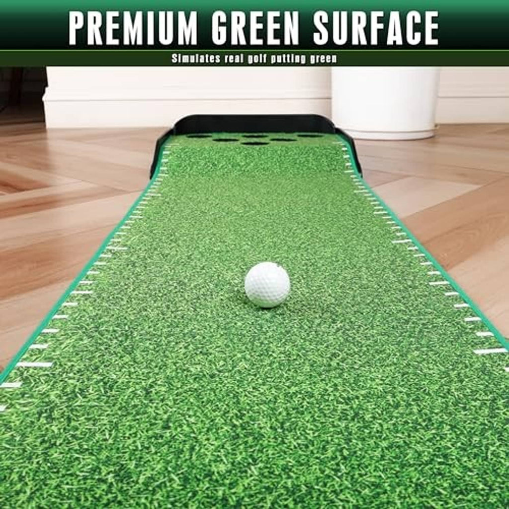 Indoor putting green mat with white golf ball centered on green surface