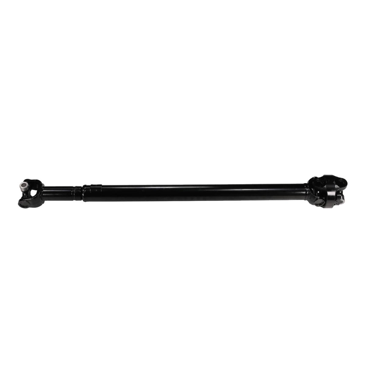 Front drive shaft assembly horizontal view, black steel shaft with end bearings