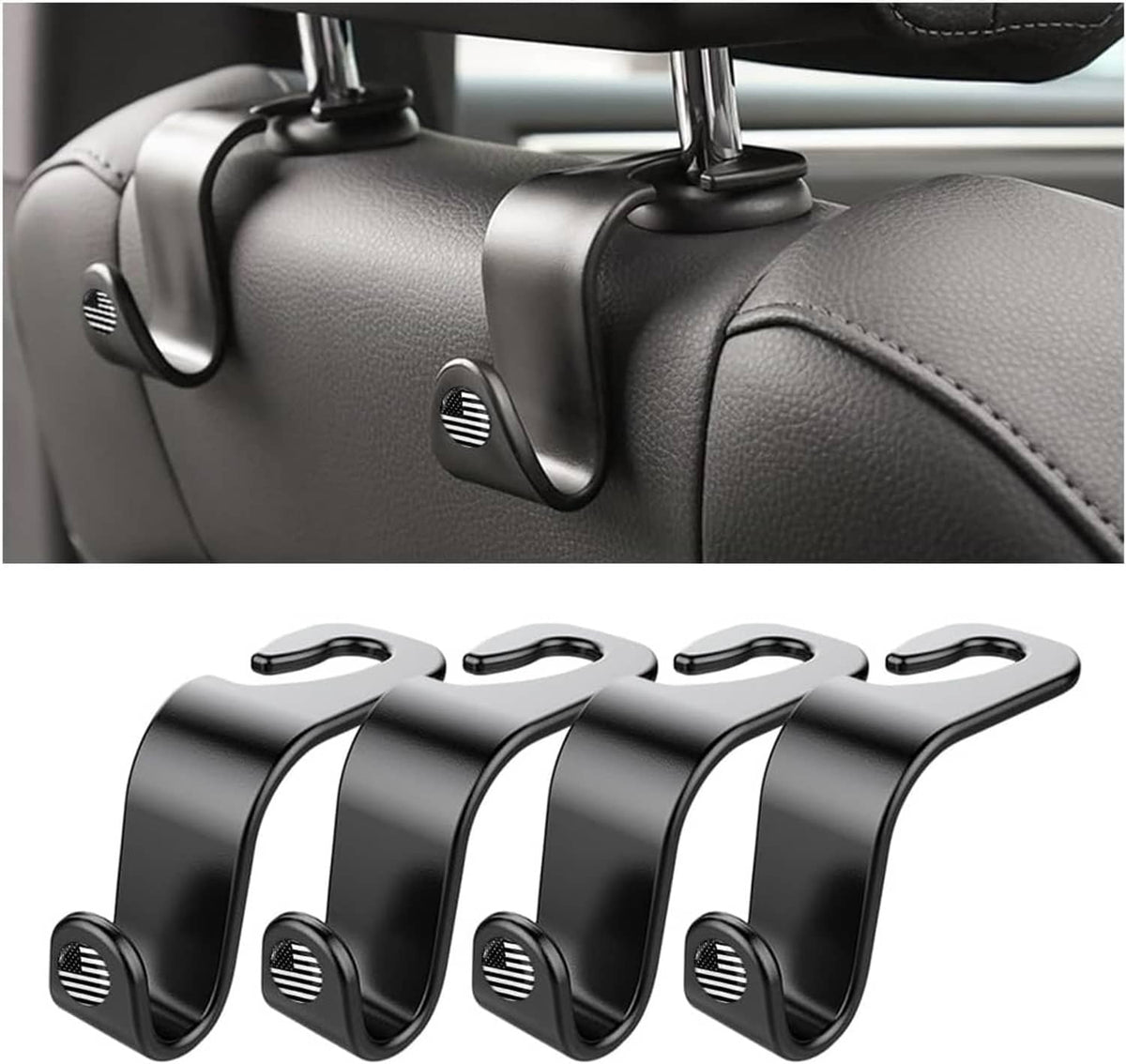 Set of four black headrest hooks with curved hooks for vehicle seats