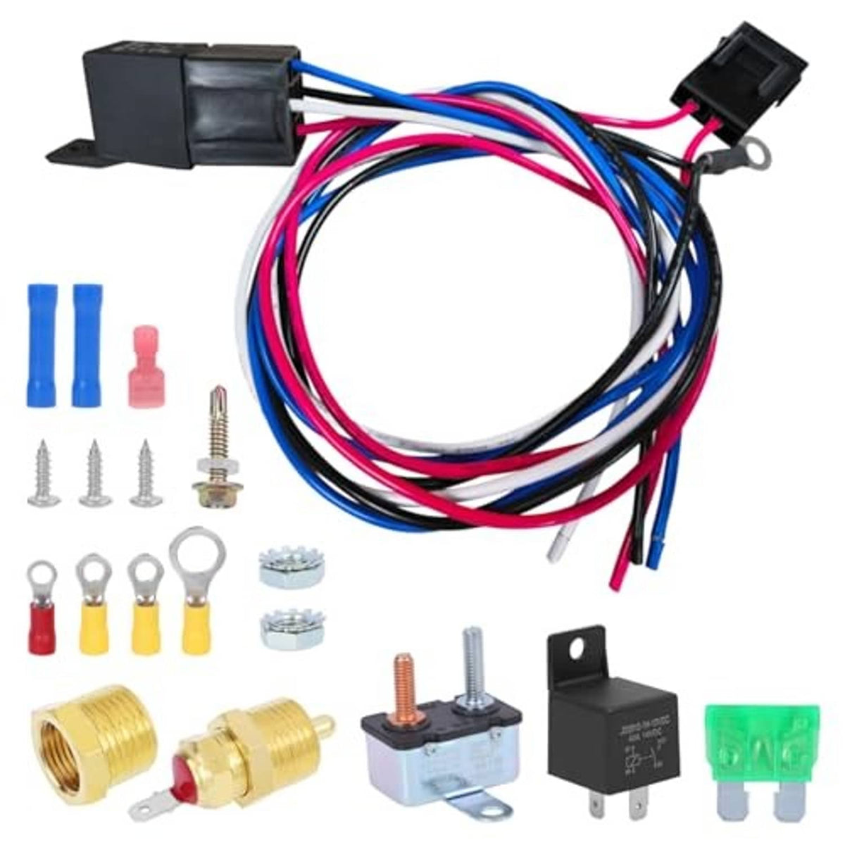 Electric fan relay kit components with blue/red wiring harness and black relay modules
