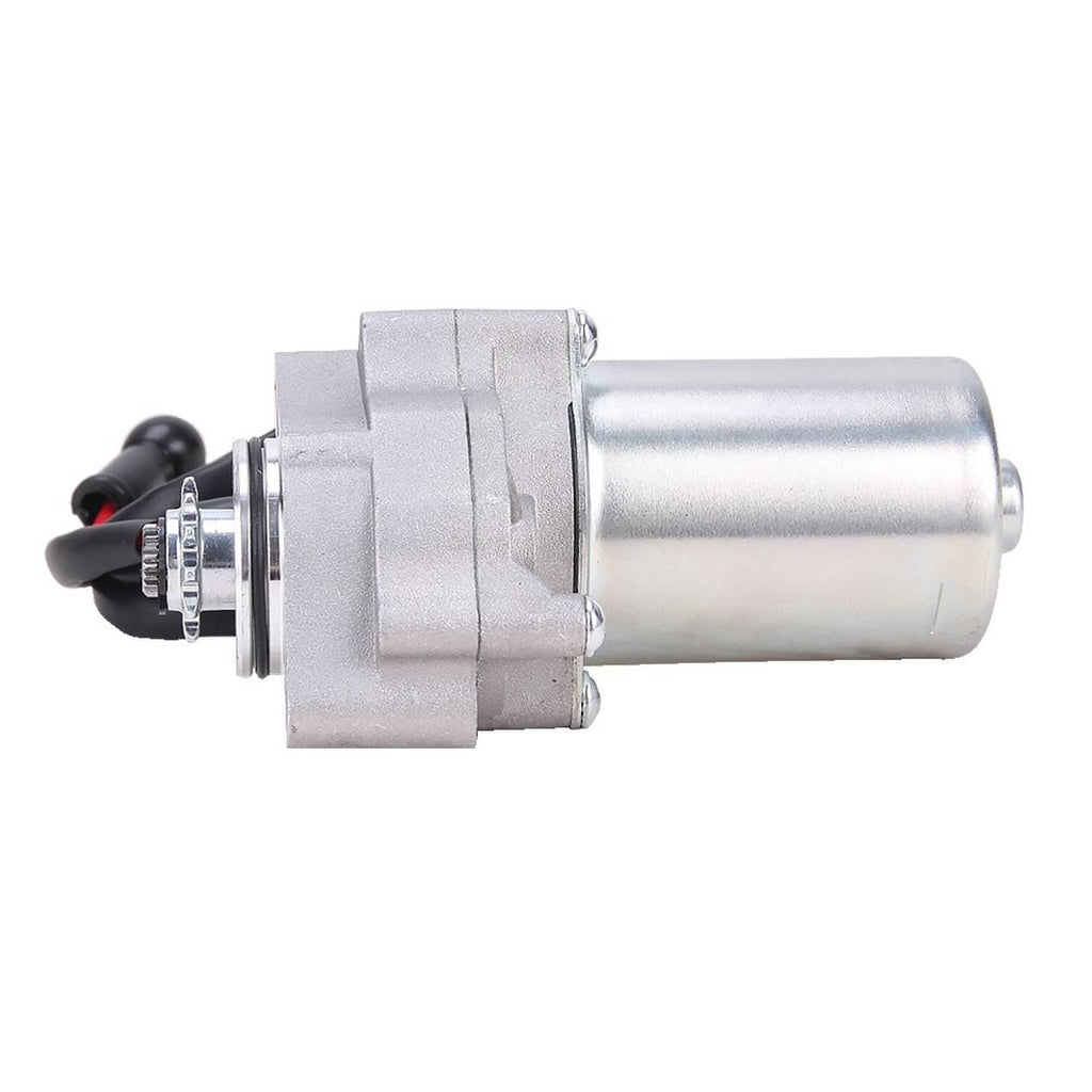 ATV starter motor with black cable connector and red wire, silver cylindrical housing
