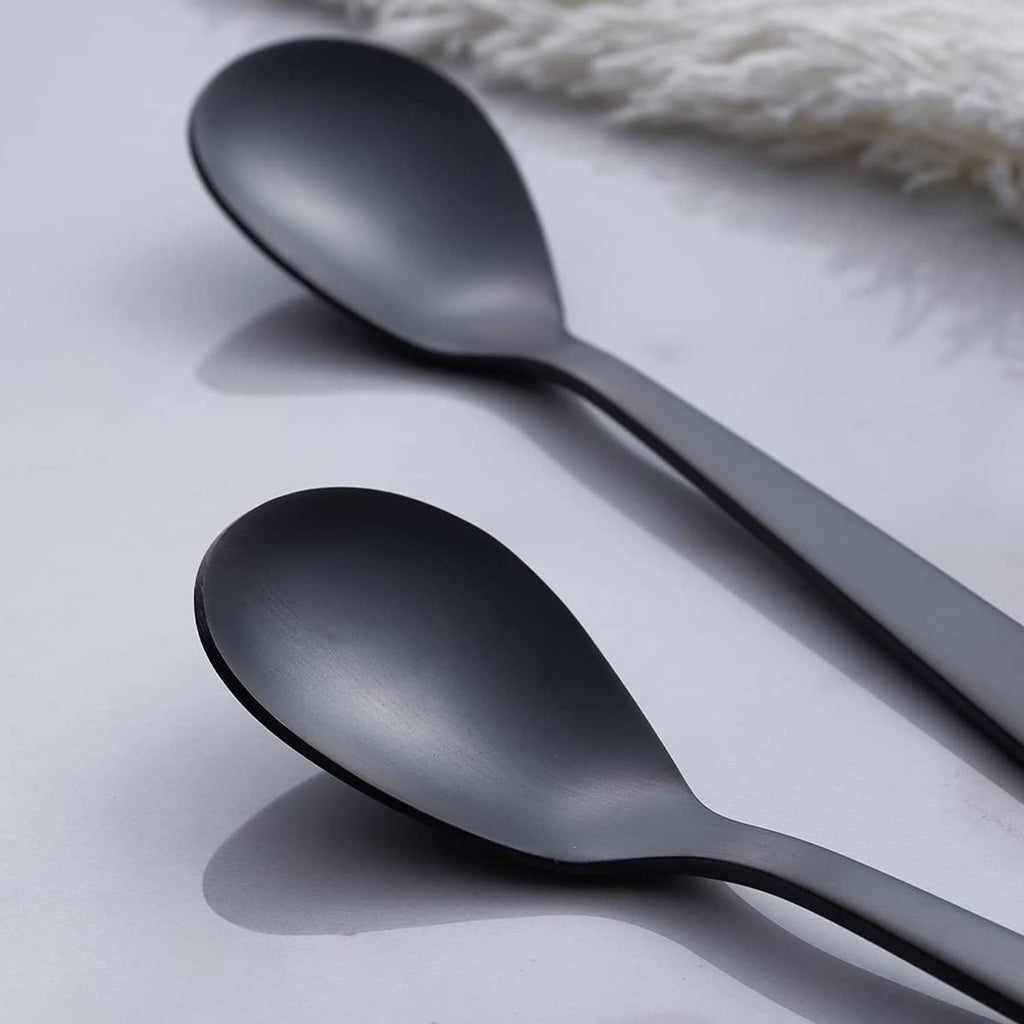 Matte black demitasse espresso spoon with smooth rounded bowl and slender handle