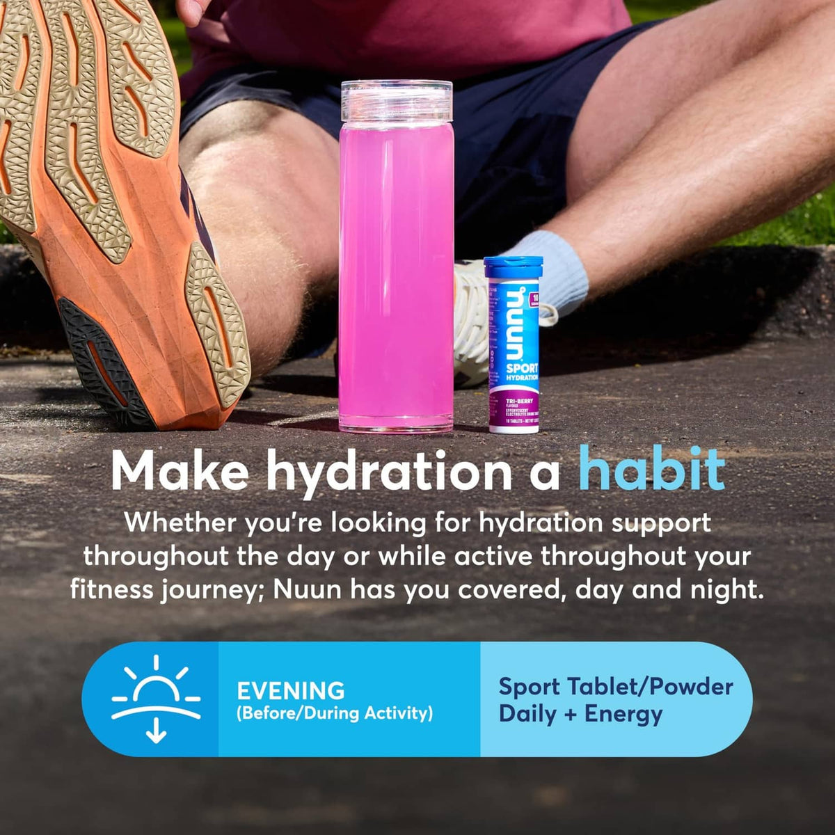 Nuun Sport fruit punch hydration bottle with purple drink and blue tube