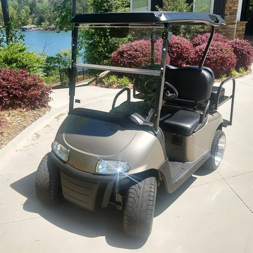 Golf cart with foldable clear windshield installed over front seat area
