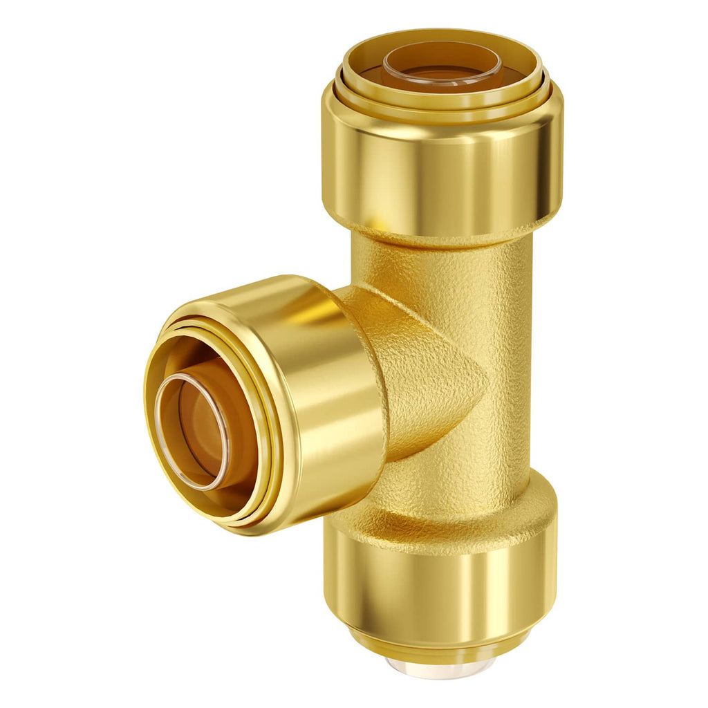 Gold brass push-fit pipe elbow fitting with two connection ports and top outlet