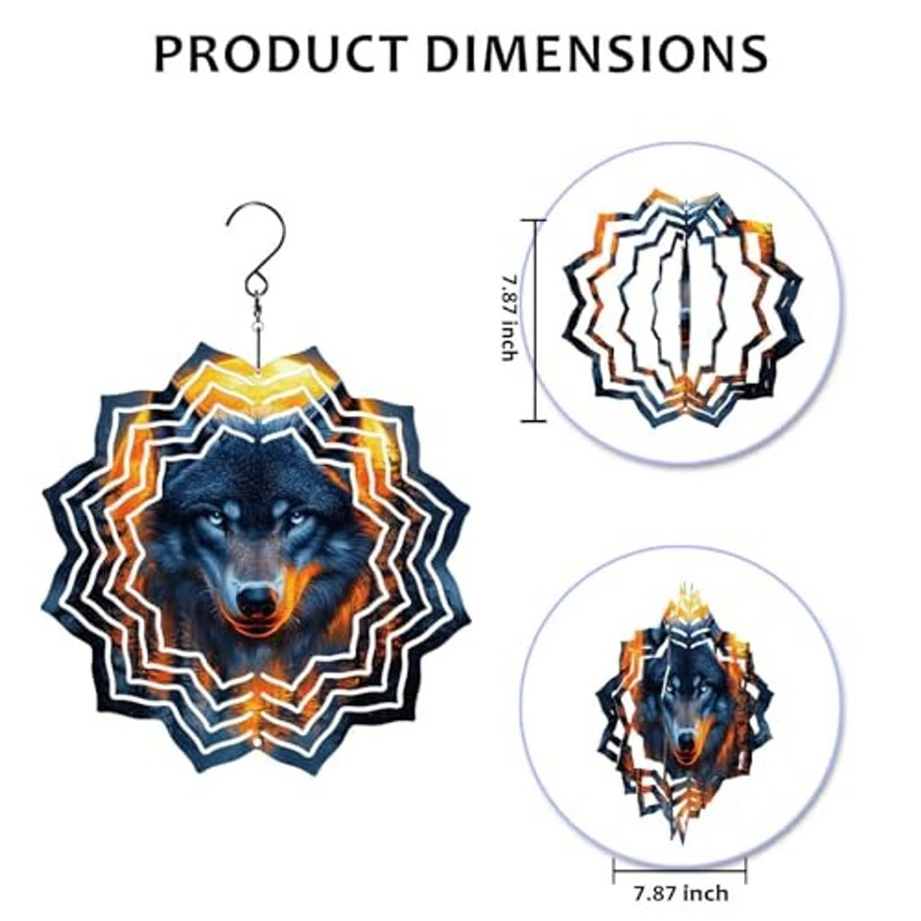 Wolf wind spinner with circular rosette design, blue and orange metal blades, hanging hook