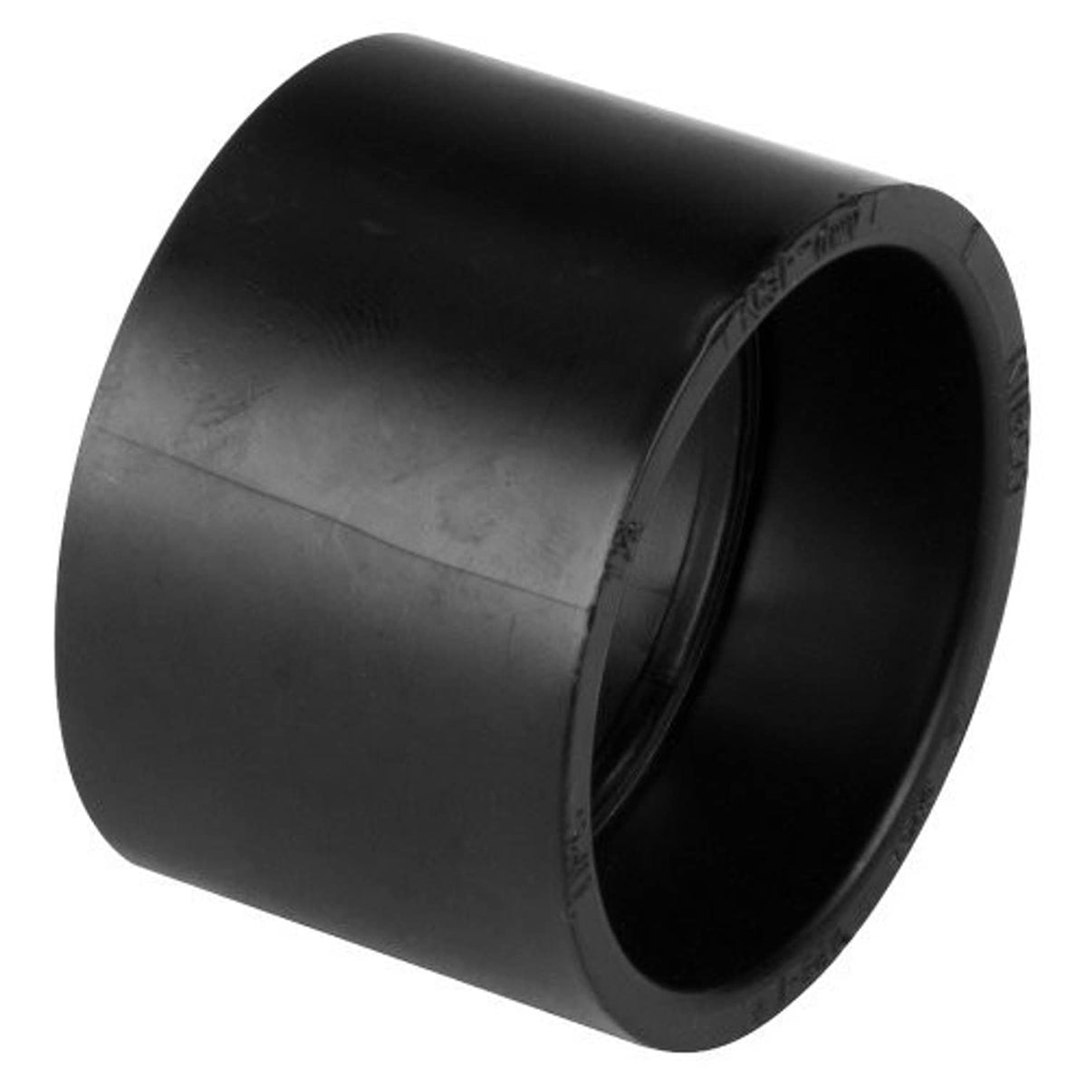 Black ABS DWV solvent-weld coupling hub, 1-1/2 in, angled side view