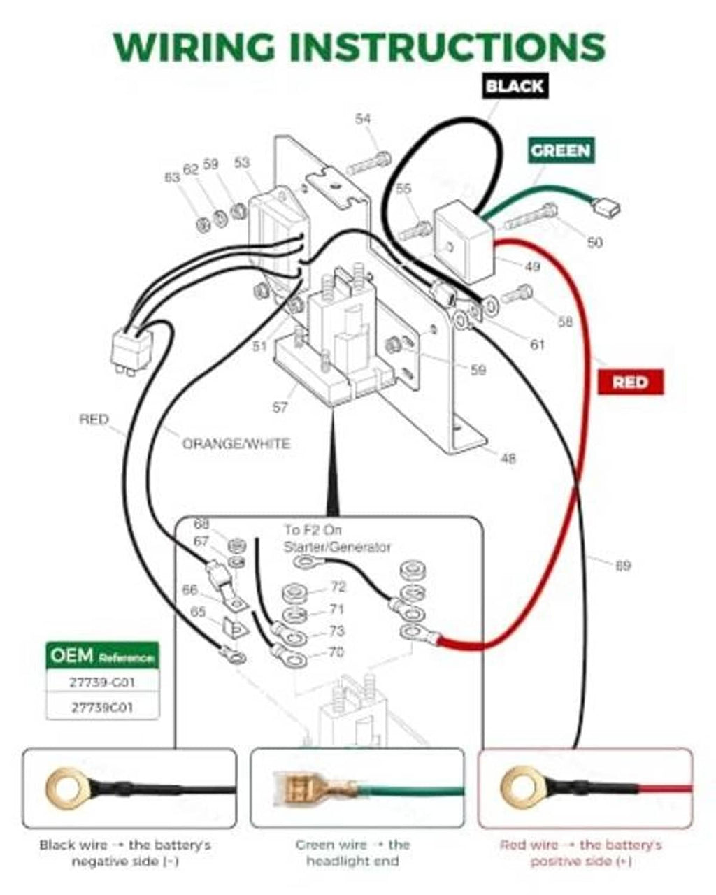 Voltage regulator wiring instructions diagram with black, green, and red wire labels