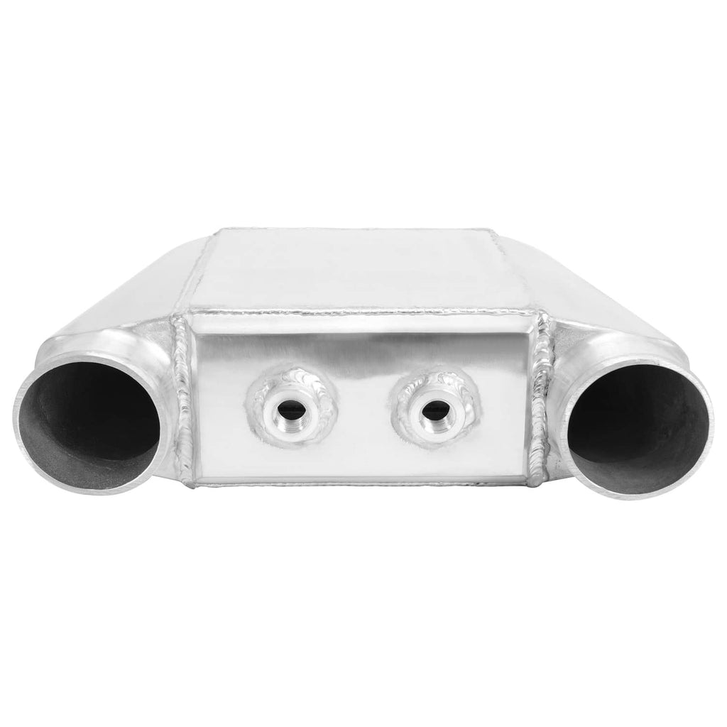 Aluminum water intercooler with two threaded ports and dual side pipe openings.
