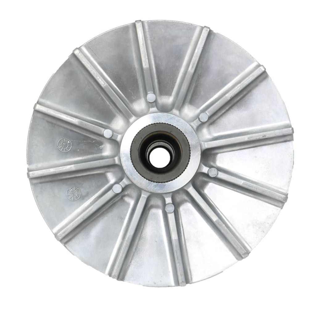 Primary drive clutch assembly with round outer plate and central axle opening
