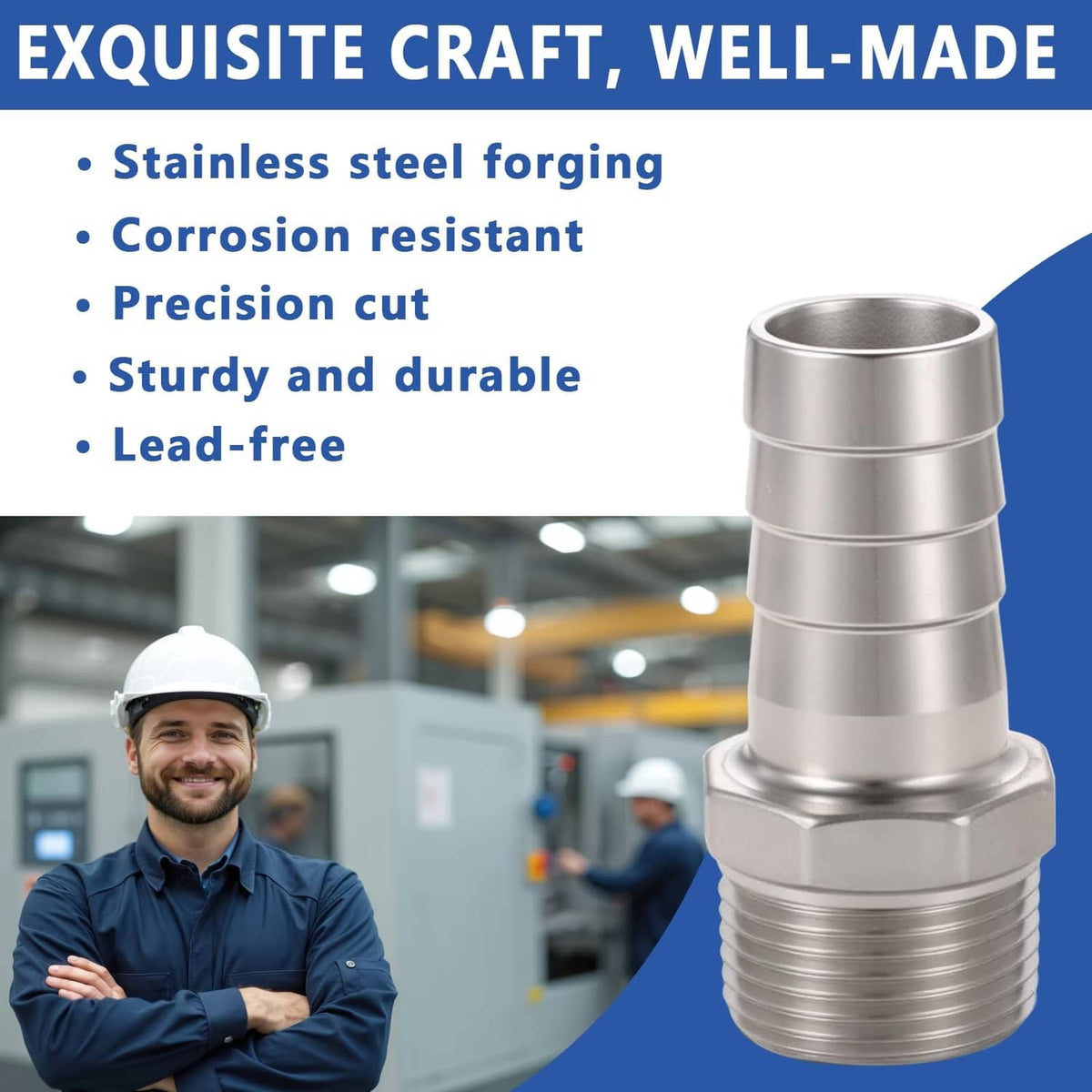Stainless steel hose barb NPT male adapter with durable threaded coupling body