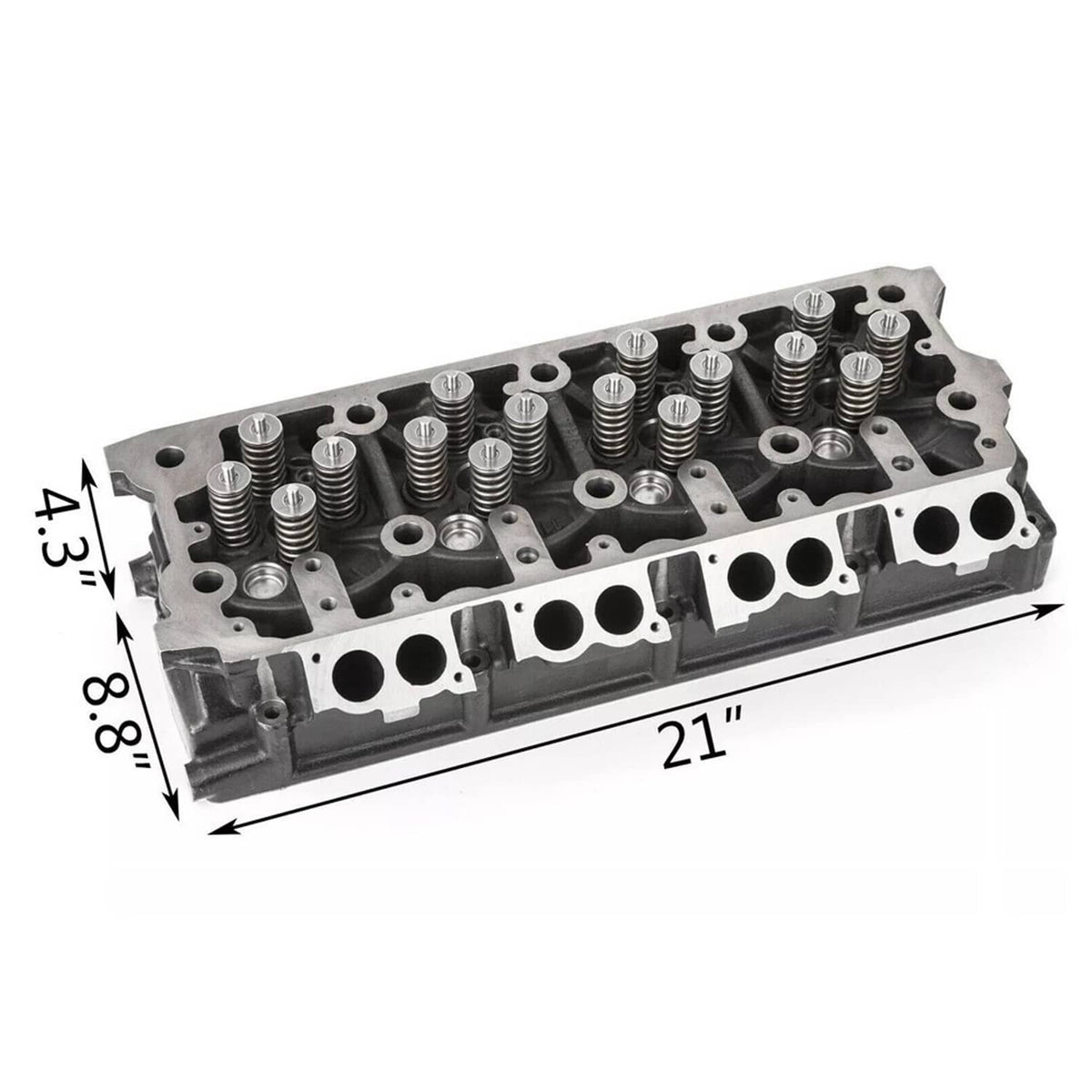 Engine cylinder head with valve springs and intake/exhaust openings, silver-gray cast metal.