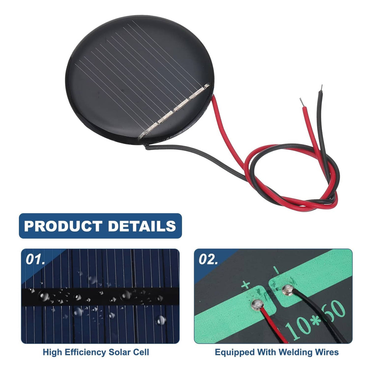 Mini round black solar panel with red and black wires, close-up view