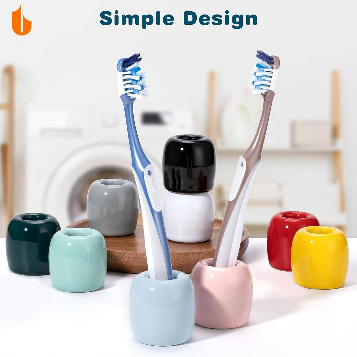 Ceramic toothbrush holders in multiple colors with upright toothbrushes on a countertop.