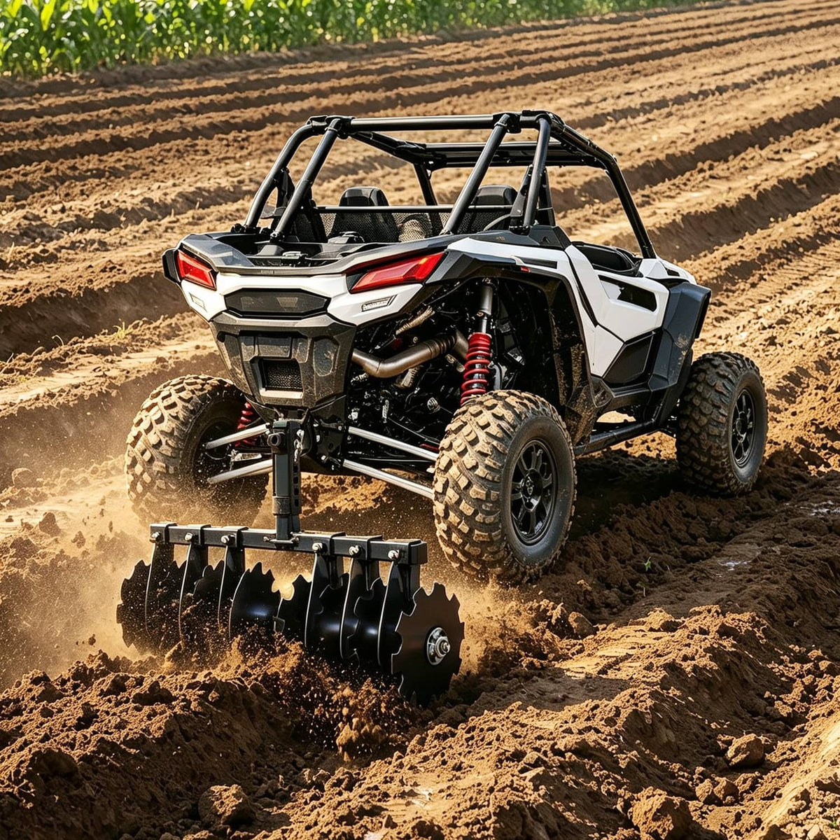 Side view receiver disc plow harrow with multiple curved disc blades on a UTV