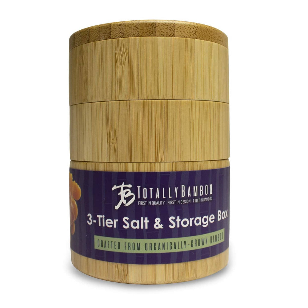 Bamboo 3-tier salt and storage box with cylindrical body and domed lid