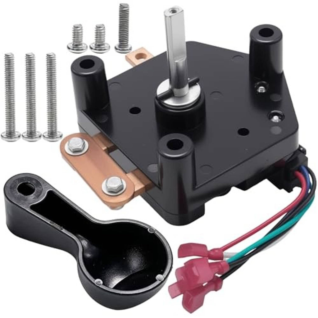 Black switch assembly with shift handle marked F-N-R and multi-wire harness, close-up.