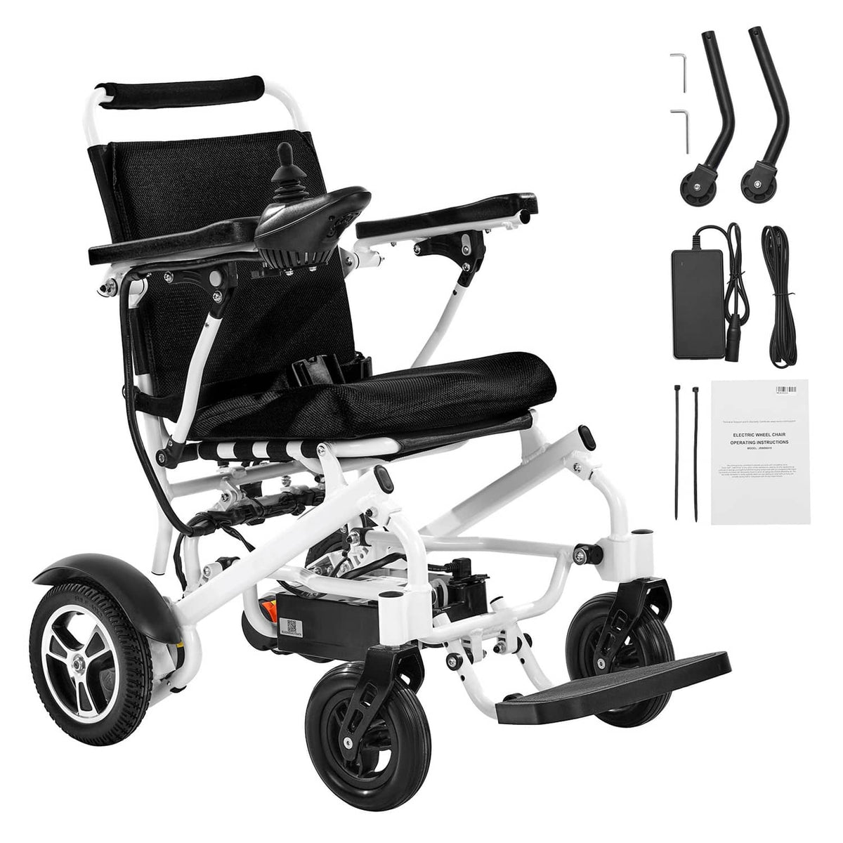 Foldable electric wheelchair with black fabric seat and back, white frame, armrests