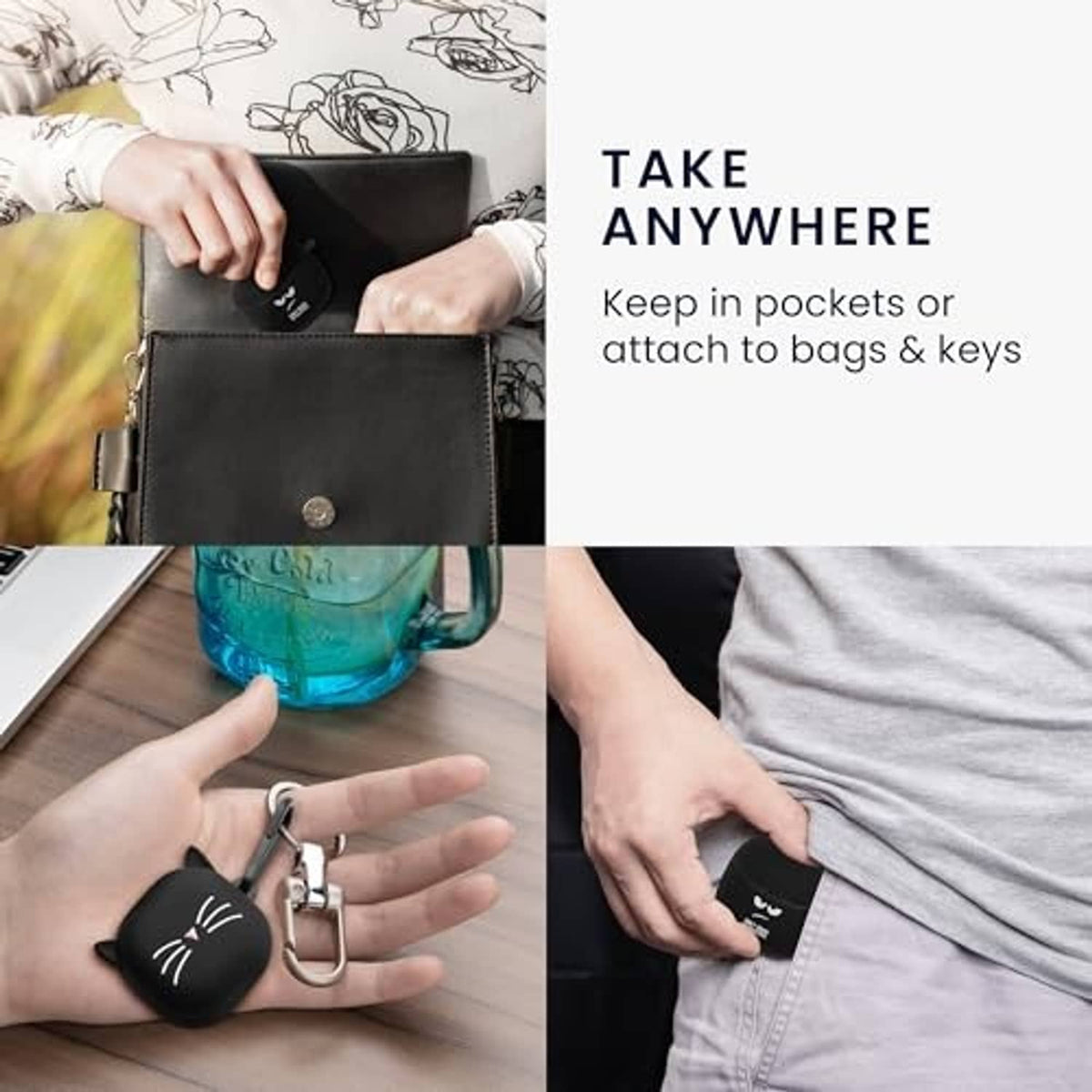 Black silicone earbuds case cover attached to a keyring, compact carry
