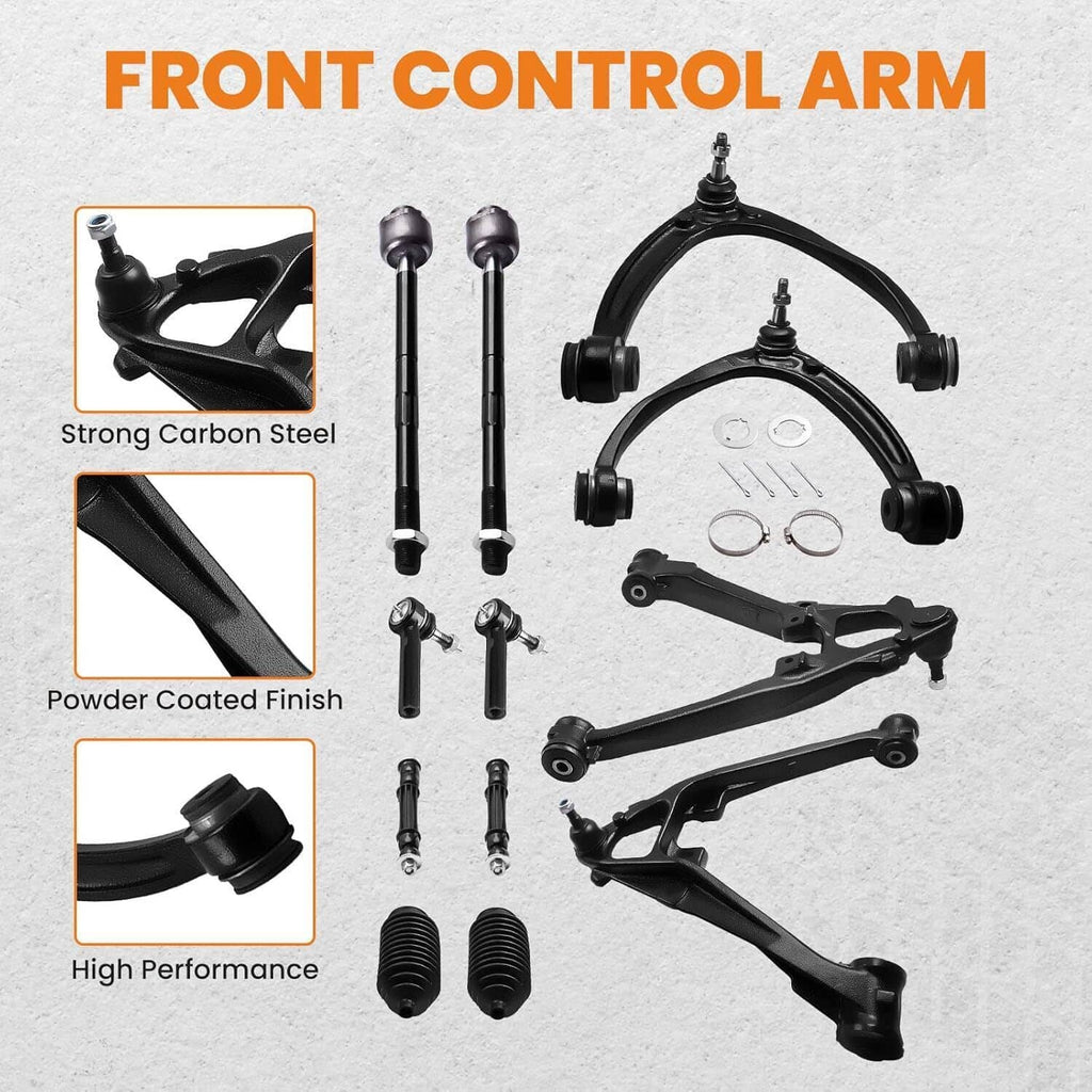 Front control arm set with black A-arms, ball joints, rubber boots, and mounting hardware