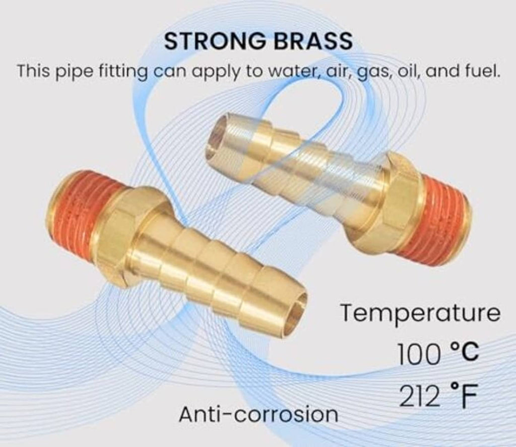 Brass air hose barb fittings with red sealing rings, 3/8 in barb x 1/4 in NPT male