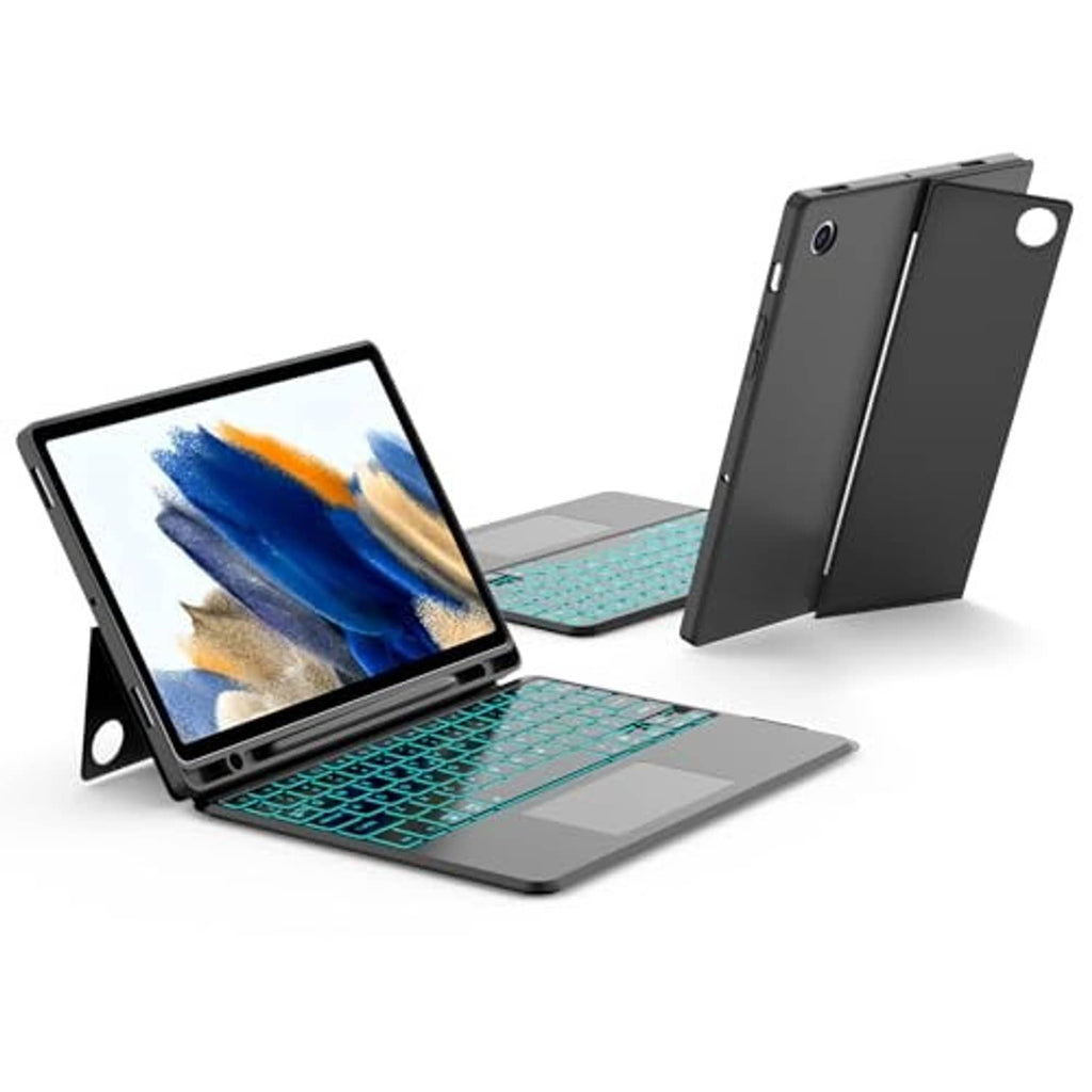 Magnetic tablet keyboard case with black folding cover and detachable keyboard on stand