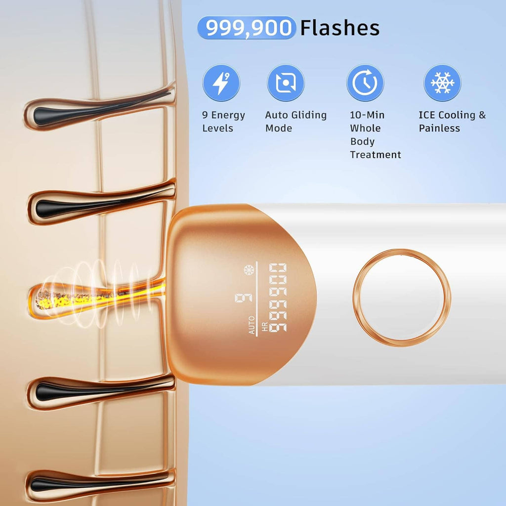 Handheld IPL hair removal device showing 999,900 flashes and ice-cooling feature icons
