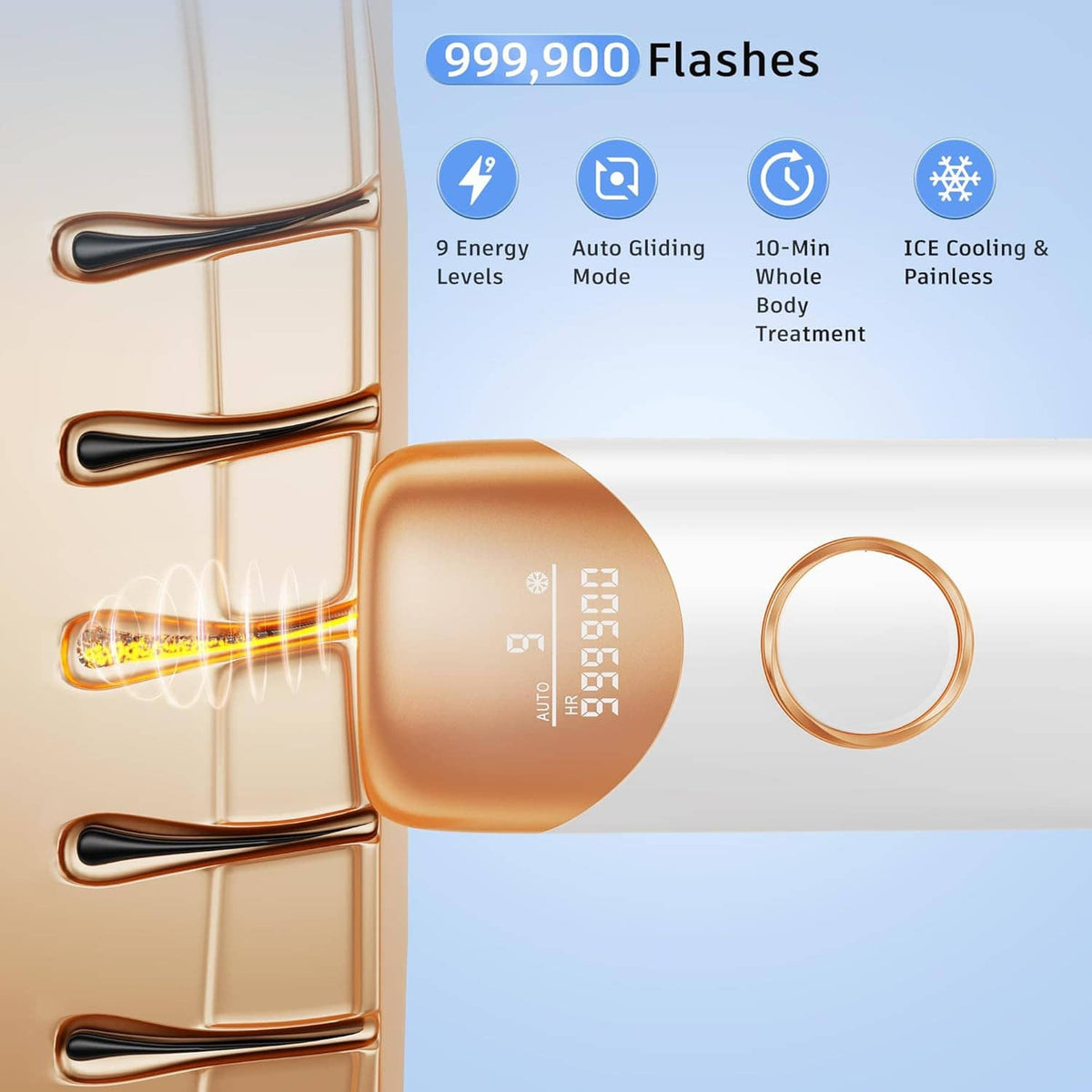 Handheld IPL hair removal device showing 999,900 flashes and ice-cooling feature icons