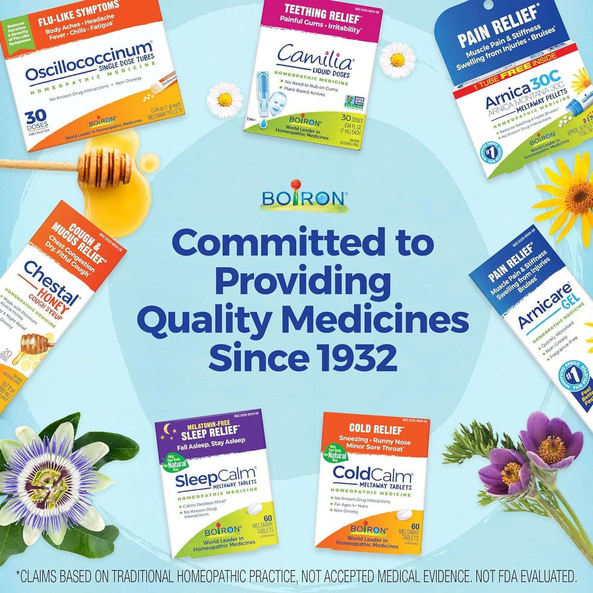 Variety of homeopathic medicine boxes around SleepCalm sleep relief tablets