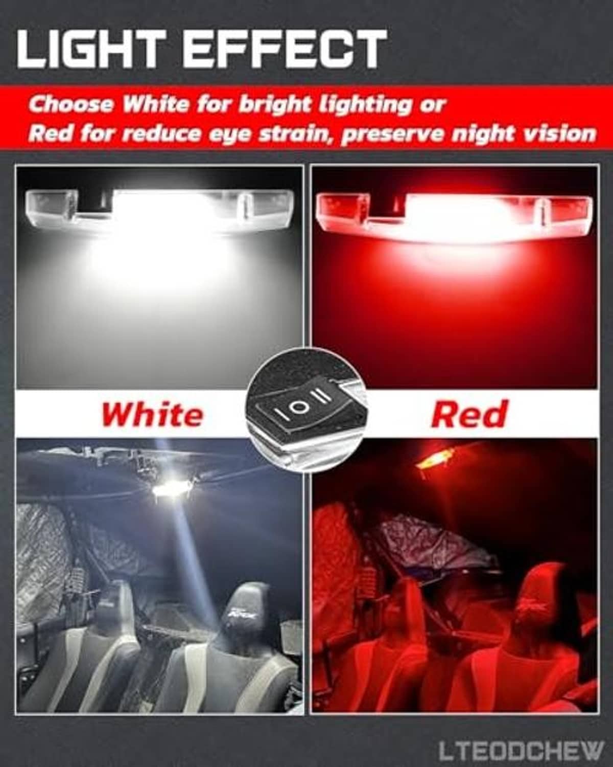 LED dome light showing bright white and red glow through a clear lens