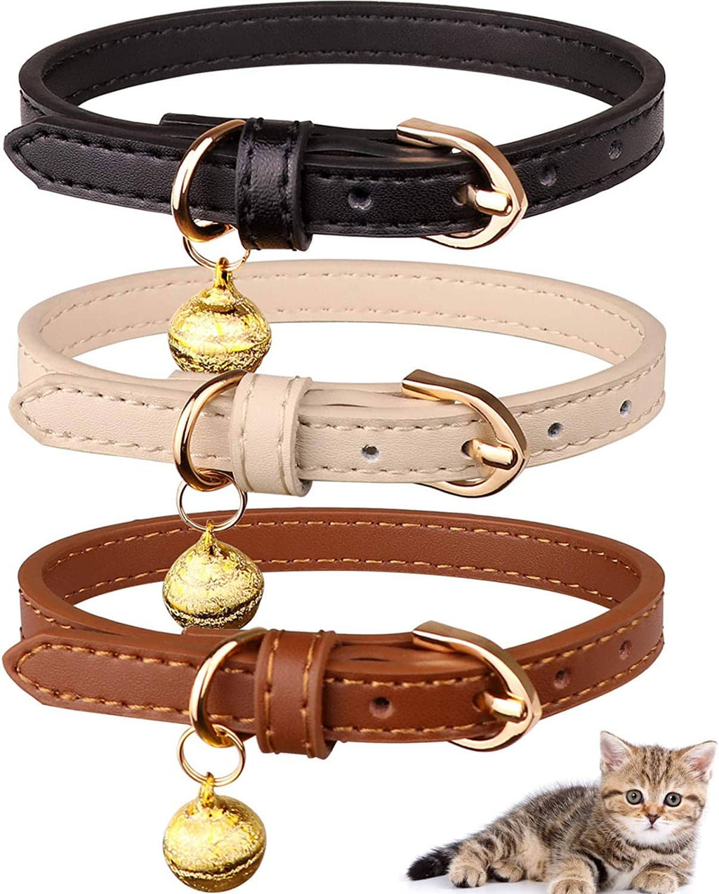 Stacked set of three leather cat collars with gold bells and metal D-ring buckles