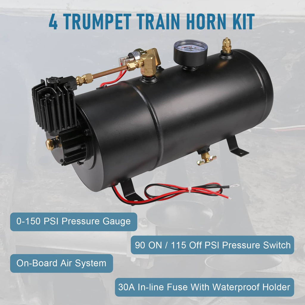 Black 1-gallon air tank train horn kit with four trumpets, gauge, and inline fuse