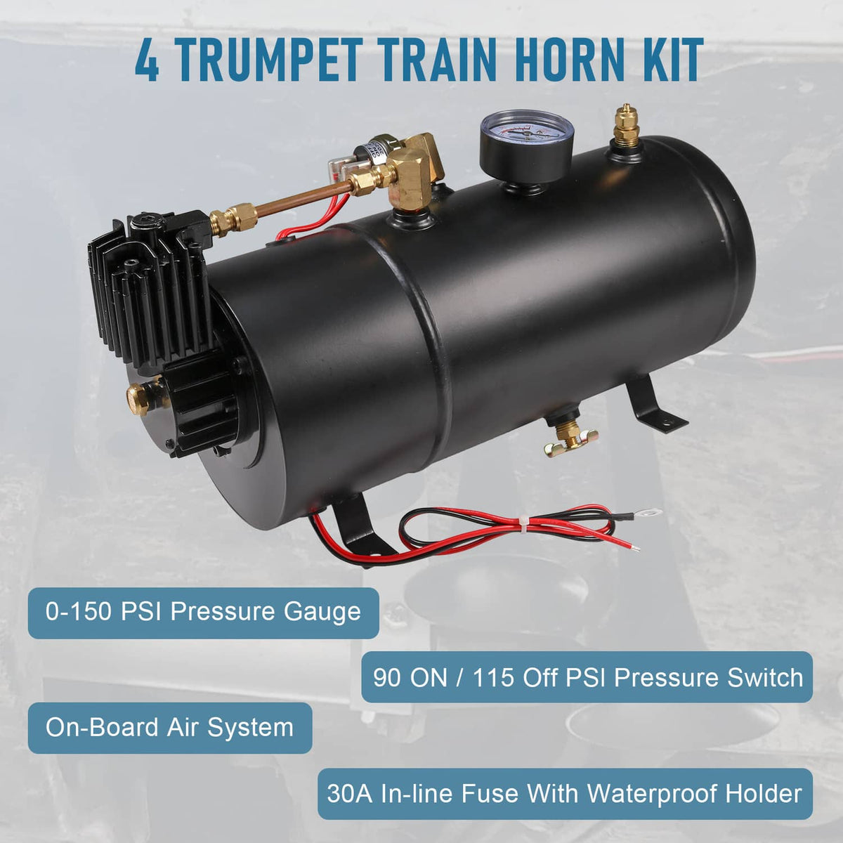 Black 1-gallon air tank train horn kit with four trumpets, gauge, and inline fuse