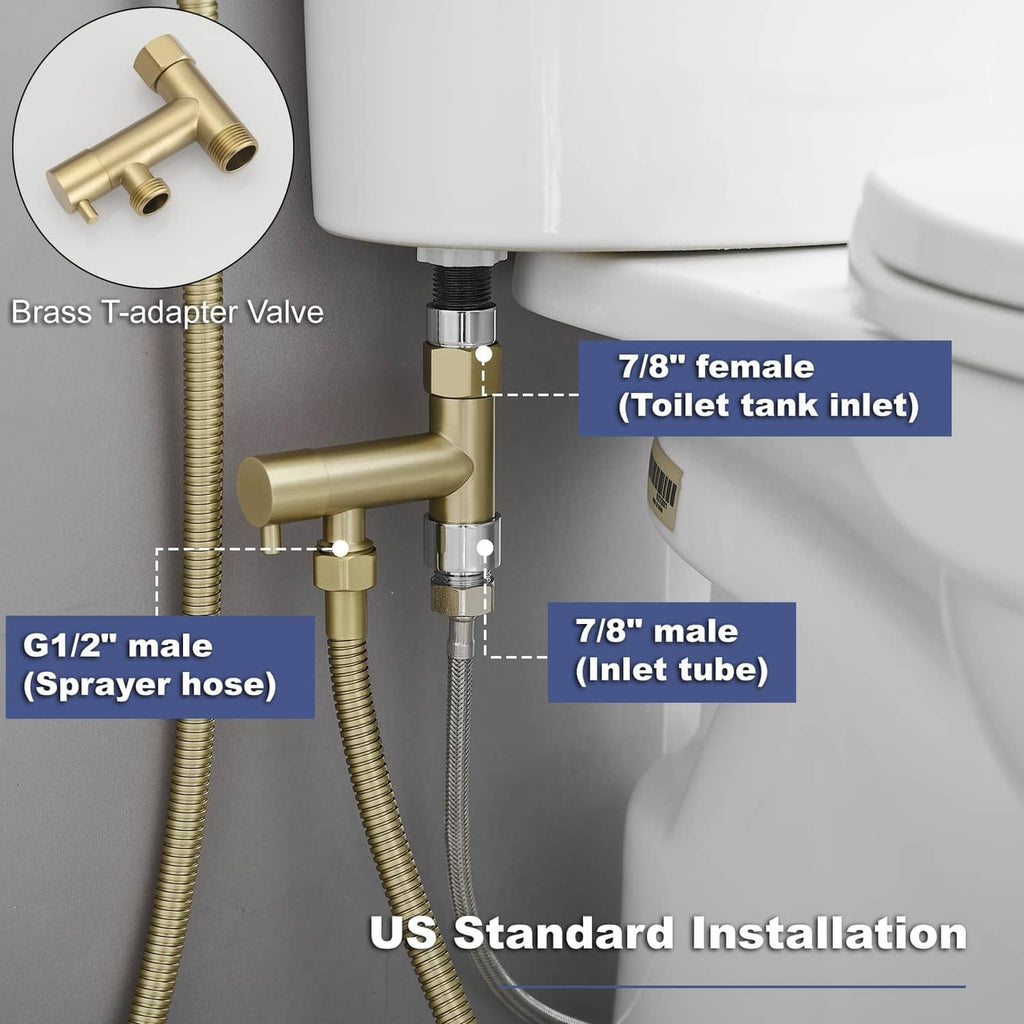 Brass bidet sprayer T-adapter valve with inlet connections and spray hose fittings