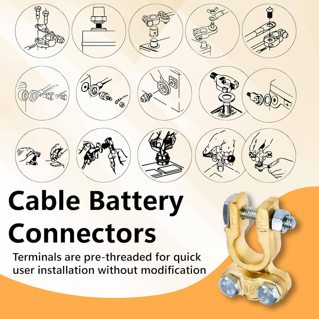Gold cable battery connector clamp with threaded lead screws and hex nuts