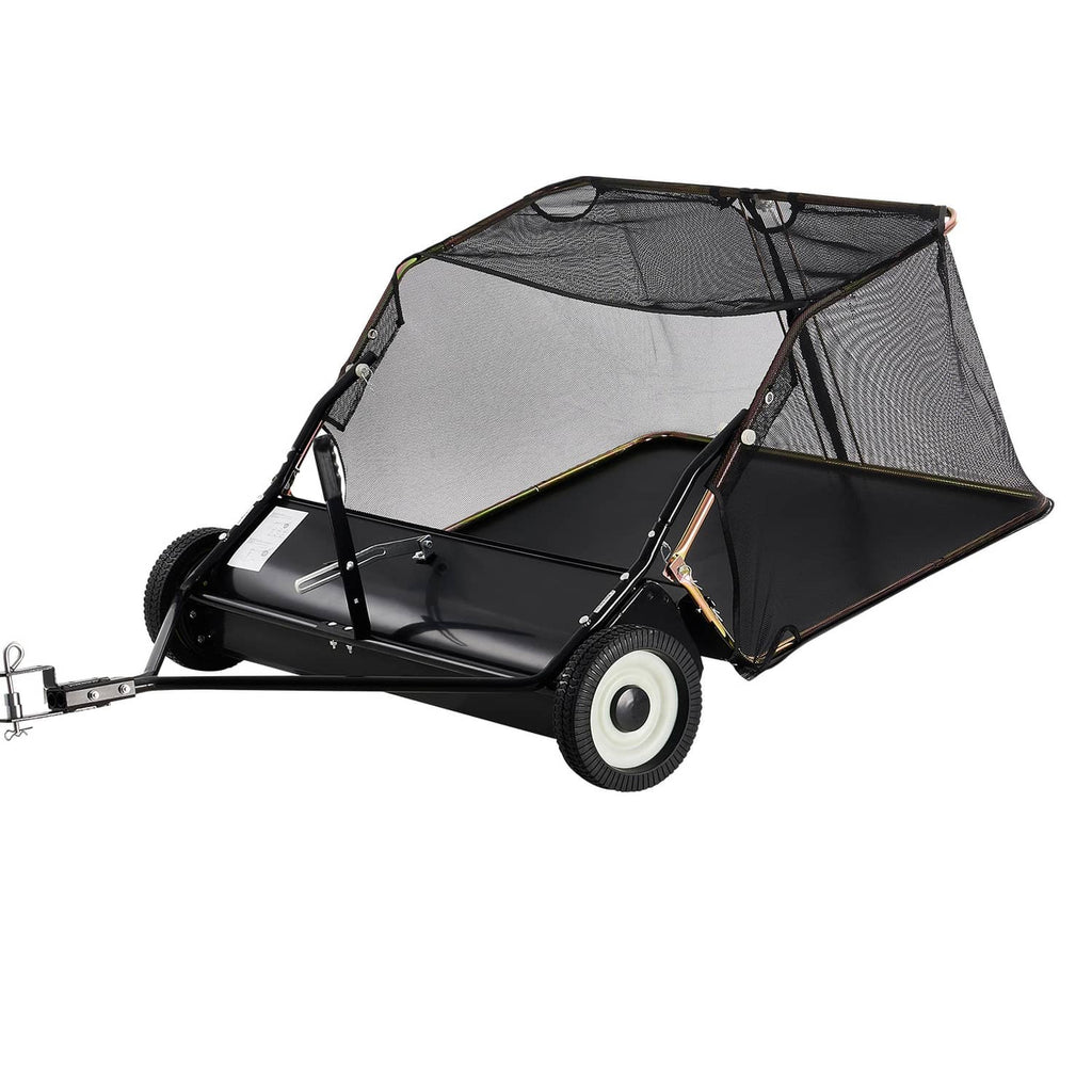 Tow-behind lawn leaf yard sweeper with black frame and mesh collection hopper