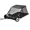 Tow-behind lawn leaf yard sweeper with black frame and mesh collection hopper