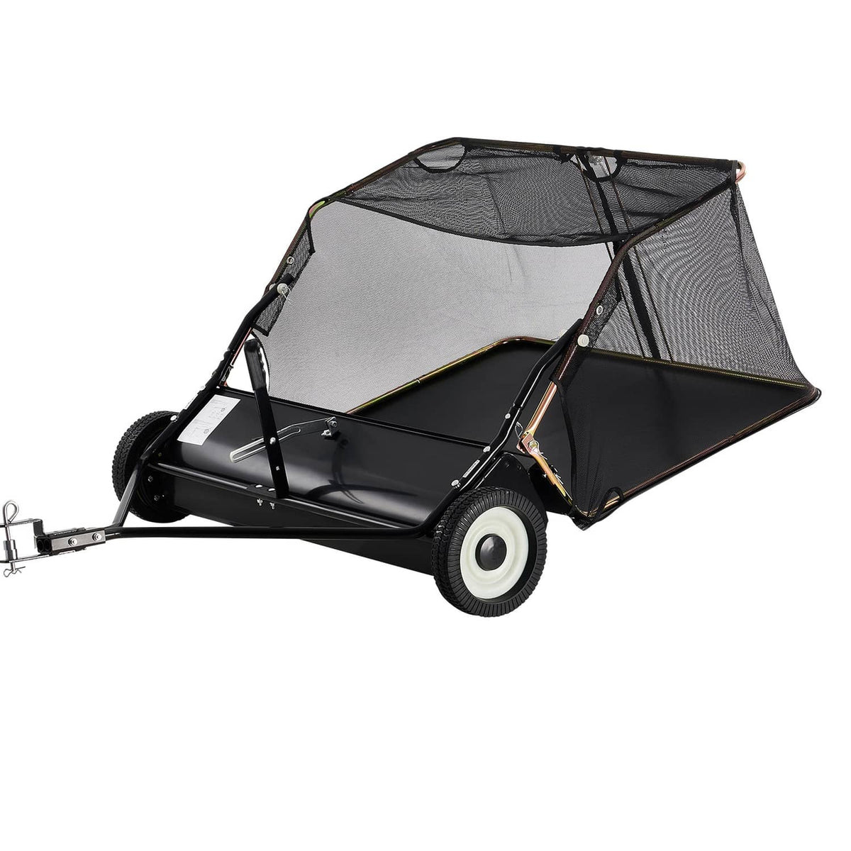 Tow-behind lawn leaf yard sweeper with black frame and mesh collection hopper