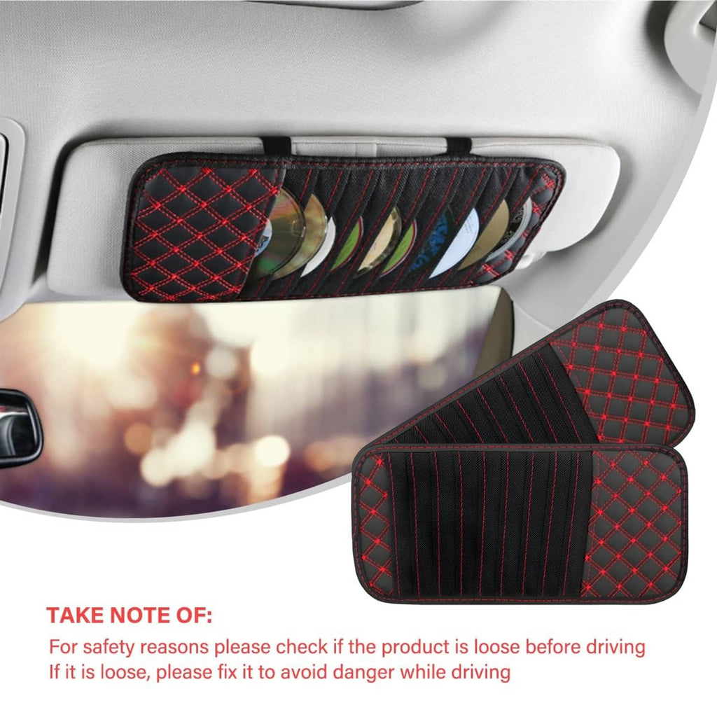 Car CD visor storage organizer set, two black cases with red plaid trim and stripes