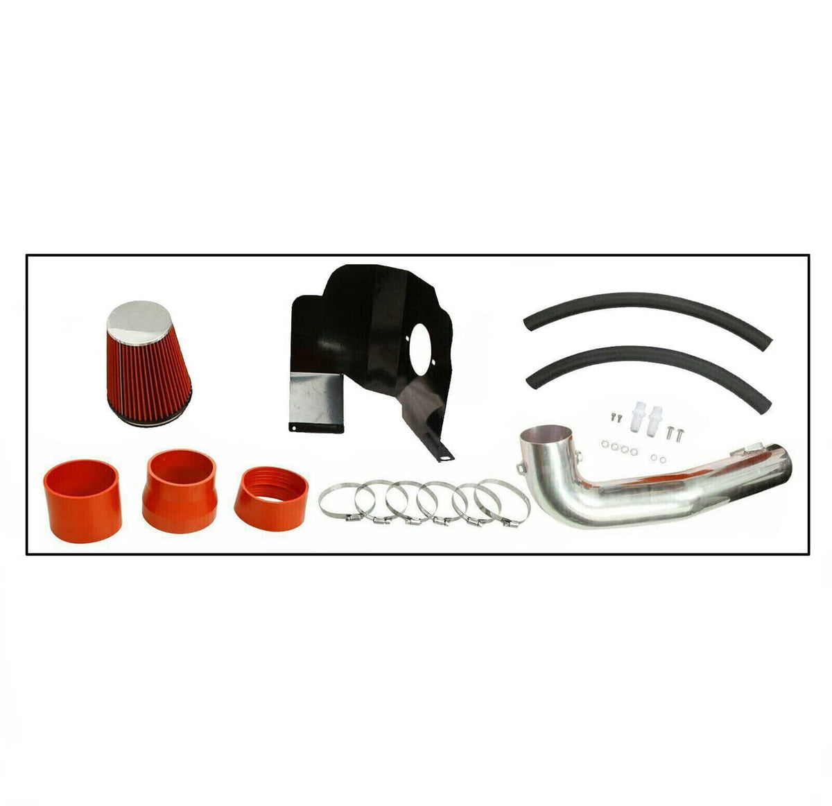 Cold air intake system kit with filter shield and assorted brackets, couplers, hardware
