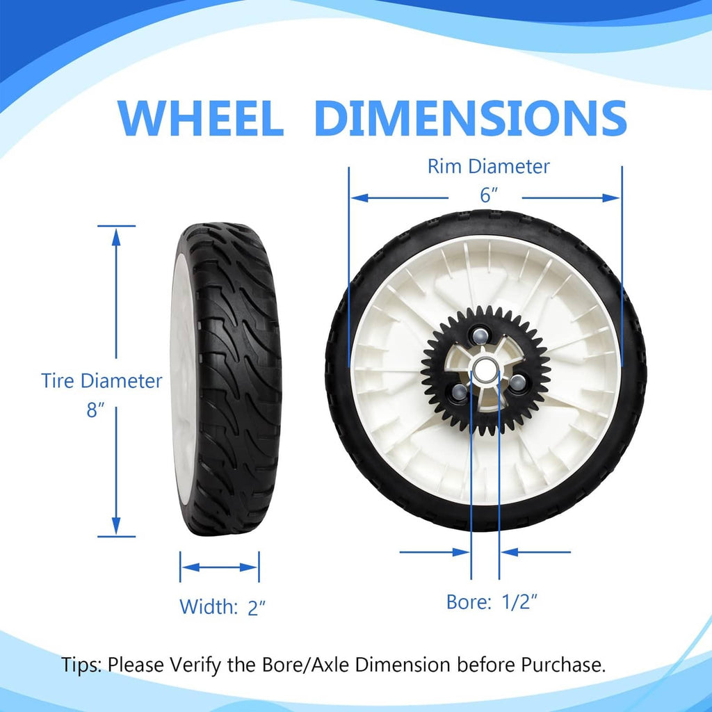 8-inch lawn mower wheel with white plastic spokes, black tire tread, and center gear