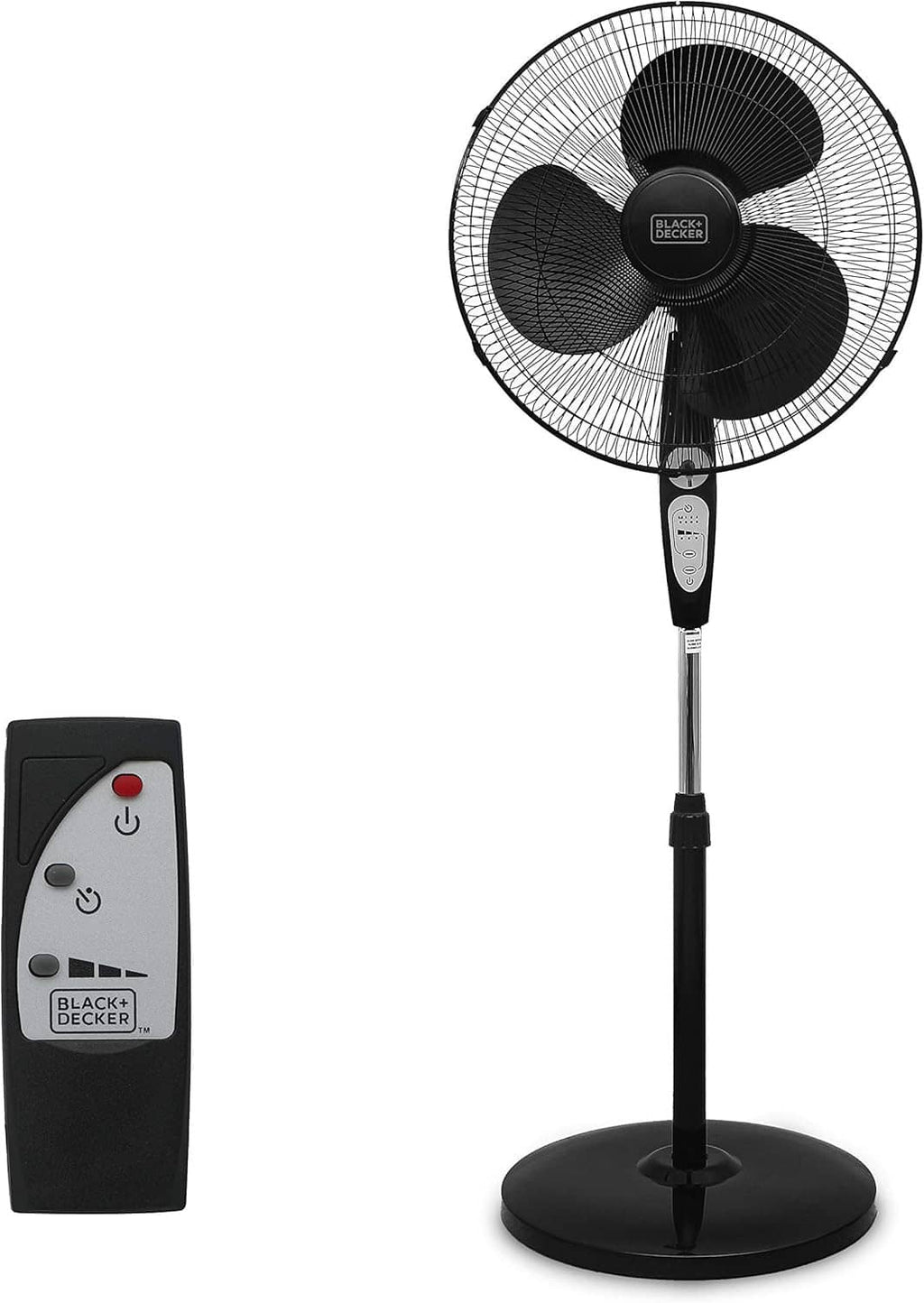 Black 18-inch stand fan with pedestal base and handheld remote control