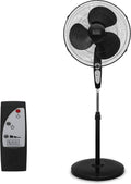 Black 18-inch stand fan with pedestal base and handheld remote control