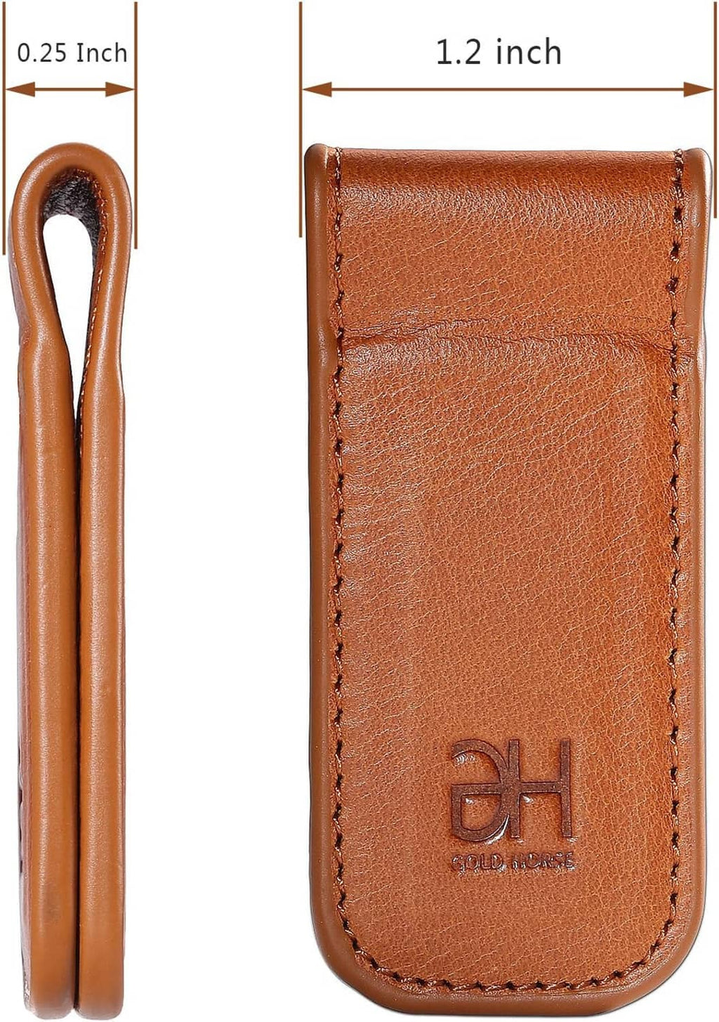 Brown leather money clip with metal clip bar, stitched sleeve and DH logo