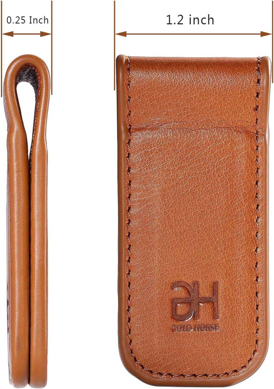 Brown leather money clip with metal clip bar, stitched sleeve and DH logo
