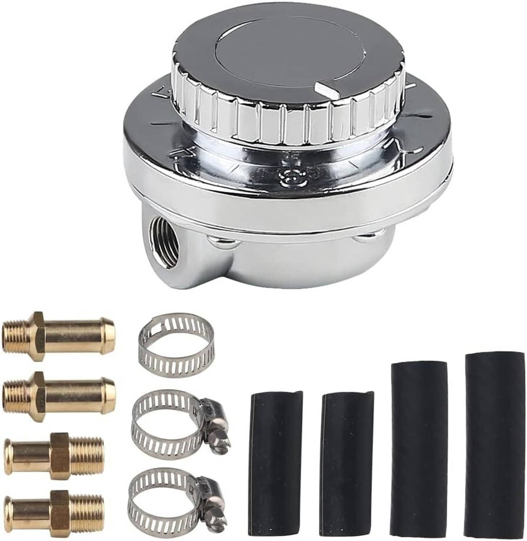 Fuel pressure regulator kit with chrome regulator, brass fittings, clamps, and black hoses